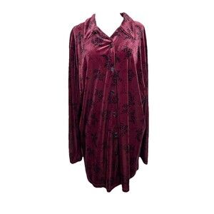 Style & co Woman’s Velvet Floral Long Sleeve Collared Button Up Burgundy-1X